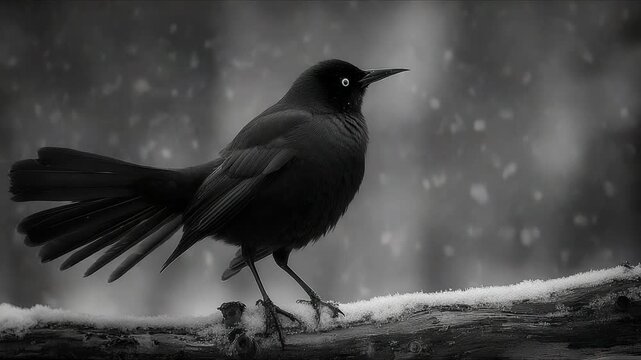 A Striking Black Bird Standing Elegantly on a Snow-Covered Branch During a Serene Winter Scene, Captured in Monochrome Amidst Falling Snowflakes