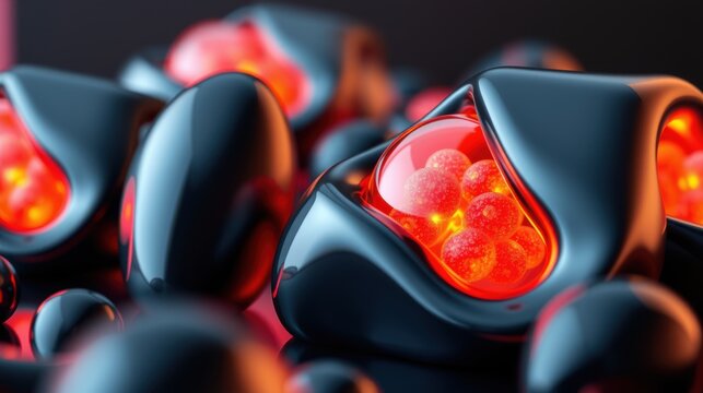 Glossy dark objects contain bright red spheres. Abstract composition, futuristic design, dramatic lighting creates intense visual impact.