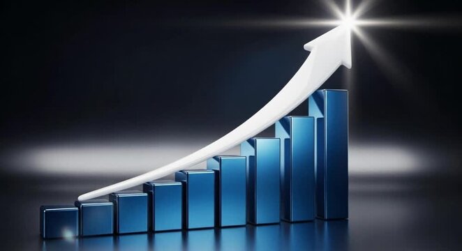 3d blue bar chart with a white arrow rising towards a bright star on a dark reflective surface.