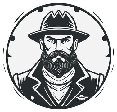 Gritty Bearded Man in Cowboy Hat Emblem Silhouette Vintage Illustration