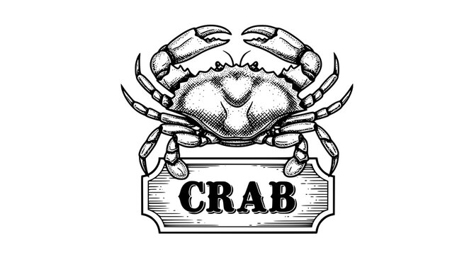 Crab illustration with 'crab' text label black and white crustacean