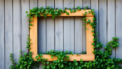 Obraz premium A wooden picture frame covered in green ivy hangs on a gray wooden fence.