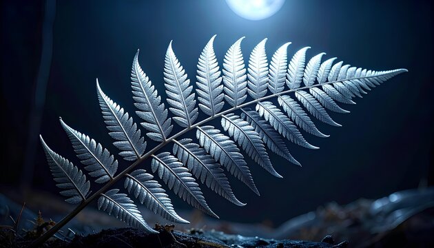glowing silver fern leaf on dark soil under bright moonlight at night