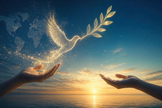 International Day of Peace luminous dove transforming into olive branch above calm horizon with hands releasing symbolizing ceasefire non-violence reconciliation and global harmony
