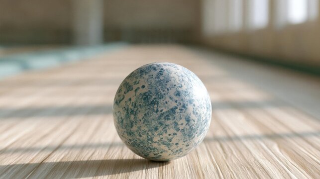 Single egg on a wooden surface. the egg is round and has a blue and white speckled pattern on its surface. it appears to be made of ceramic or porcelain and is placed in the center of the image.