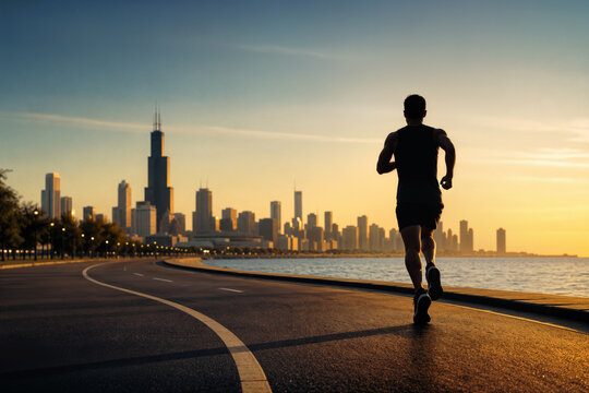 Chicago skyline dawn marathon runner silhouette on curved lakeside road with Willis Tower and Lake Michigan golden hour endurance training urban running 2026