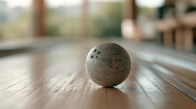 Single bowling ball on a wooden surface. the ball is round and appears to be made of a light-colored material, possibly clay or stone.