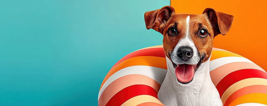 Happy dog wearing an inflatable donut pool float against a bright summer background
