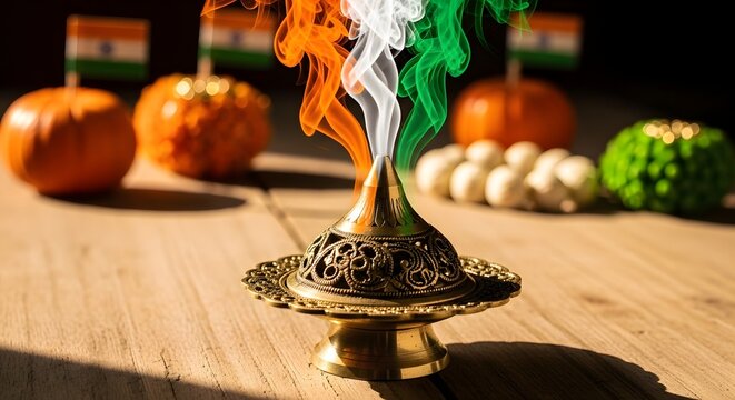 Traditional indian incense burner with tricolor smoke representing the indian flag, surrounded by pumpkins and small flags on a wooden table
