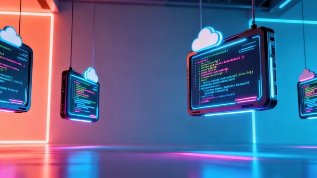 Hanging digital screens with code