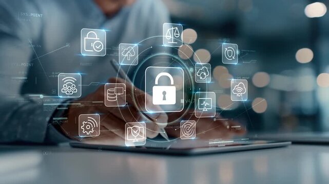 Professional businessman working on tablet with glowing security lock and cloud icons, representing cybersecurity, connected business systems and data protection