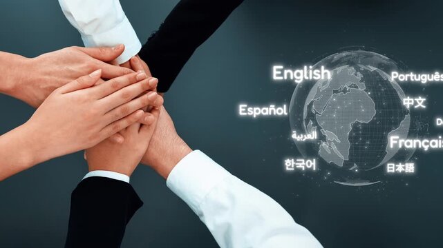 Hands unite in a spirit of collaboration, representing diverse cultures and languages. A globe with language names illustrates global communication and unity. Raster