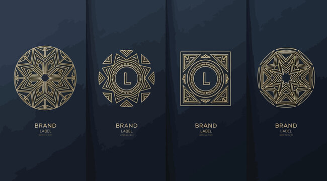 Set of luxury gold circular and square frames with letter l logo, elegant geometric emblems on dark blue background