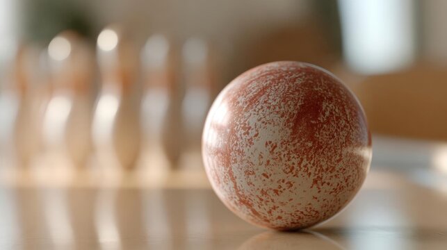 Close-up of a single egg on a wooden surface. the egg is round and has a reddish-brown color with white speckles scattered across its surface. it appears to be made of a smooth, shiny material.