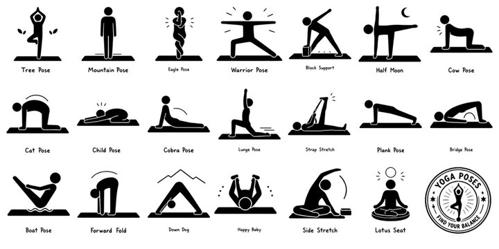 ヨガポーズとストレッチのシンプル人物ピクトグラムセット、Simple Yoga Pose and Stretch Pictogram Set