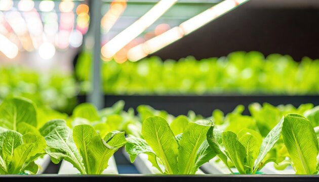 Vibrant green lettuce thriving in a hydroponic setup under LED lights, showcasing modern sustainable farming techniques.