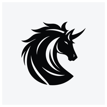 Minimal black silhouette of a unicorn head with spiraled horn, perfect for logos or emblems.