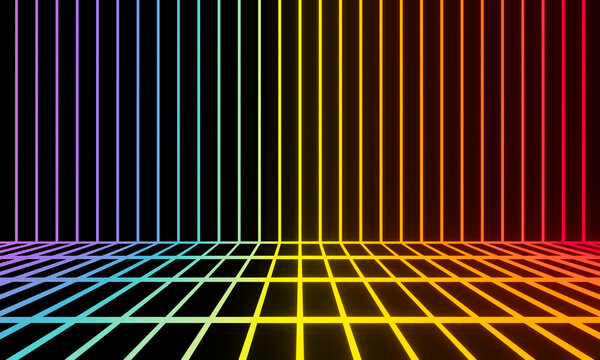 Colorful gradient rainbow striped neon lines. Grid wireframe