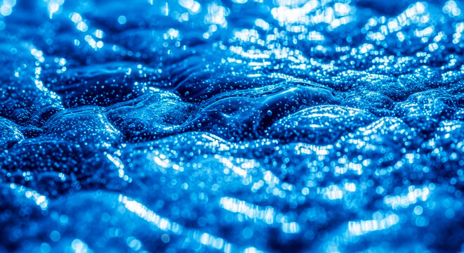 Abstract blue liquid texture with shimmering highlights, flowing patterns, and sparkling details. Dynamic fluid composition ideal for water concepts, luxury backgrounds, and modern digital design 