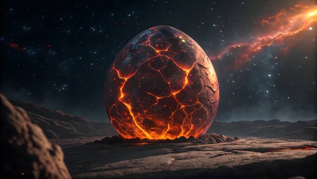 Molten glass dragon egg glowing on rocky terrain under starry night sky