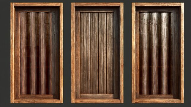 Three decorative wooden wall panels featuring vertical slats and planks for modern interior design home decor