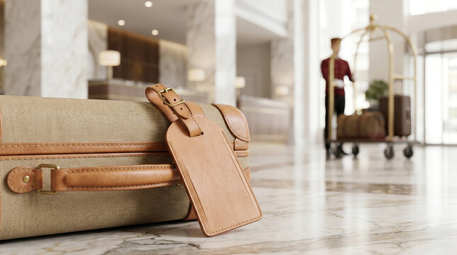 Blank leather luggage tag mockup on a vintage suitcase in a luxury hotel lobby