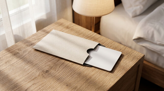 Blank hotel room keycard and paper sleeve mockup on a wooden bedside table