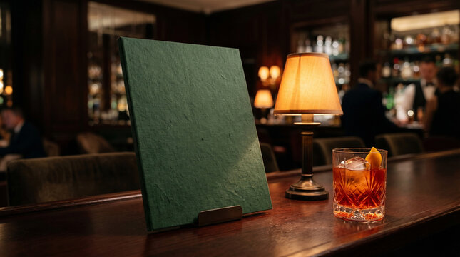 Blank green menu cover mockup on a dark wooden bar counter with a cocktail