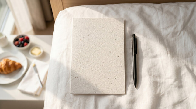 Blank paper notepad mockup on a white hotel bed with breakfast in background