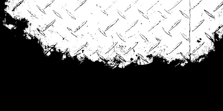 Abstract black and white grunge background with vintage paint splatter texture and an artistic ink frame design featuring floral silhouette patterns and a dirty paper spray splash border