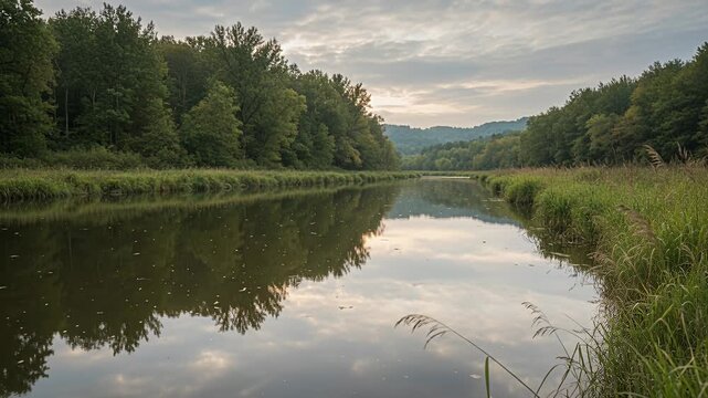 river landscape calm water reflection with trees on riverbank