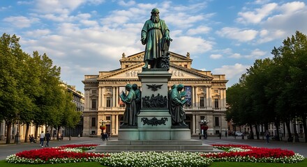 Obraz premium Historic Bronze Composer Statue Standing Before Grand Opera House in City Square