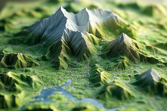 Miniature 3D Mountain Model with Lush Green Landscape  Hiking Trails.