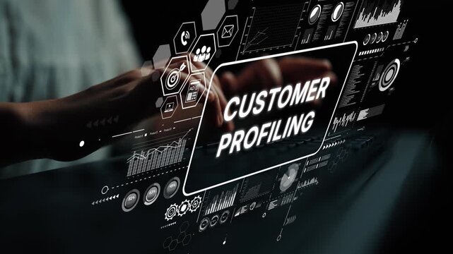 Hands Engaging with Digital Interface for Customer Profiling and Data Analysis in Modern Business Environment. Asymptotic smart data analytic.