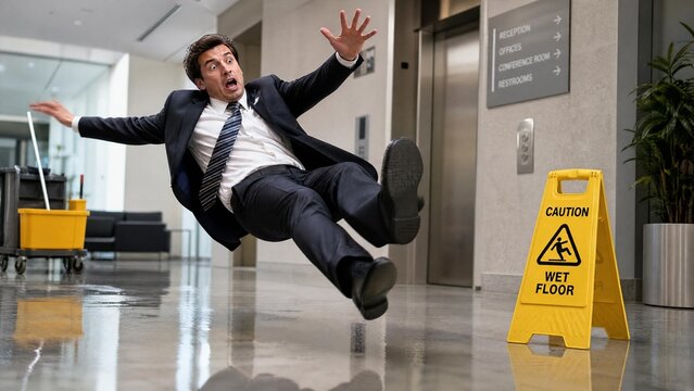 Businessman Slipping and Falling on Wet Floor in Modern Office Corridor