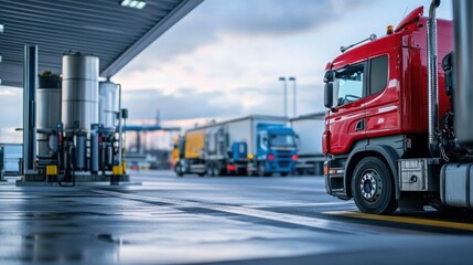 Fototapeta premium Red semi truck at a fuel station