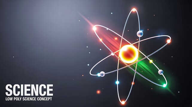 Glowing atomic structure illustration with electrons orbiting nucleus representing science physics and energy concept