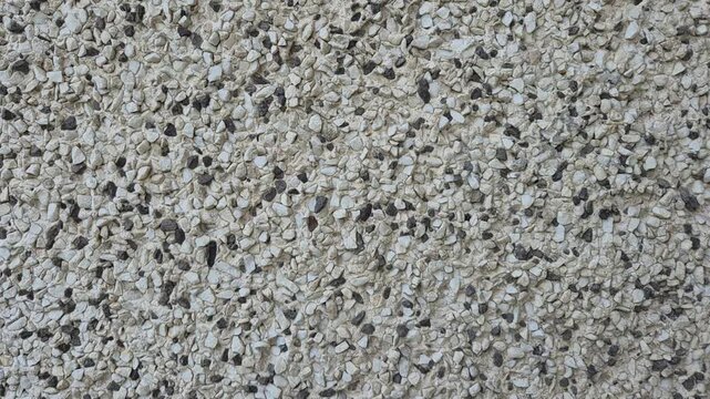 A textured surface of a pebbledash or roughcast wall featuring a dense mixture of small beige, white, and dark grey crushed stones.