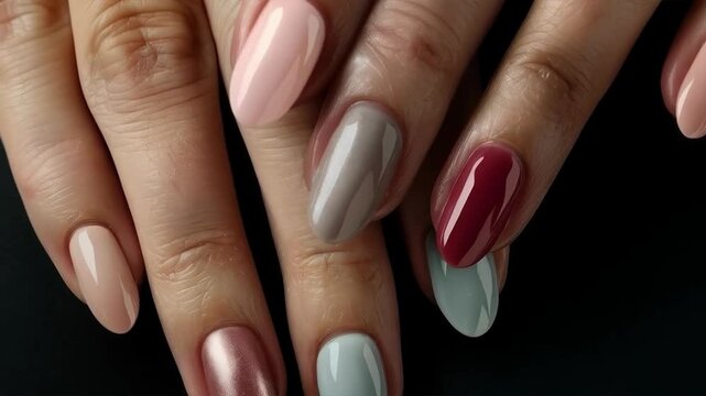 A woman&rsquo;s hands with a multicoloured manicure against a black background provide an elegant backdrop for advertising beauty salons and showcasing nail art trends.
