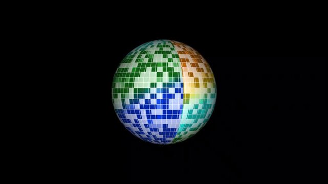 Mirror disco ball spinning with colorful reflections, rotating rays animation, seamless loop motion graphics, abstract nightclub scene, retro party lighting, DJ visuals