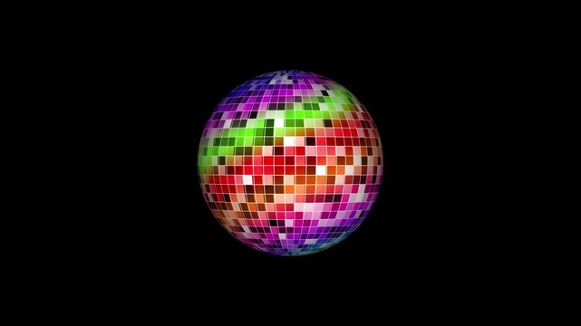 Colorful mirrorball spinning with reflected light rays, glowing animation, seamless loop motion graphics, retro nightclub lighting, vibrant party visual