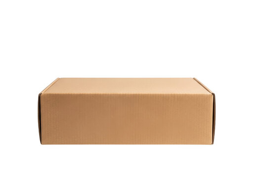 Cardboard box mockup on white background, brown corrugated shipping parcel, closed rectangular paper package for delivery and logistics