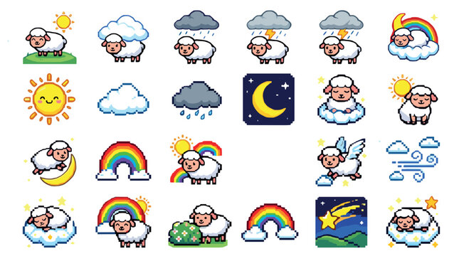 Cute pixel art sheep and weather icons create a charming collection of whimsical elements, perfect for digital design projects and children's themes.