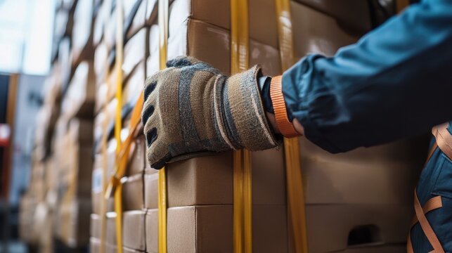 Worker in work gloves securing cardboard boxes with yellow straps