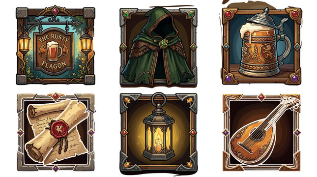 Medieval RPG game assets showcasing a rustic tavern sign, mysterious hooded figure, ornate beer mug, ancient scrolls, glowing lantern, and a musical mandolin.