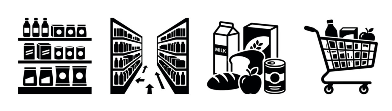 Grocery shopping icons representing supermarket aisles, product shelves, essential food items, and a full cart for retail concepts.