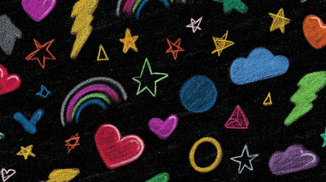 17.Childlike crayon scribble illustration pack with decorative hearts, stars, clouds, lightning bolts, circles, and triangles, vibrant colors, textured chalky lines, friendly and imaginative style