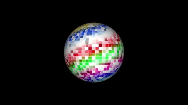 Colorful disco ball rotating with reflected rays, glowing mirrorball animation, seamless loop motion graphics, retro nightclub lighting, vibrant party scene