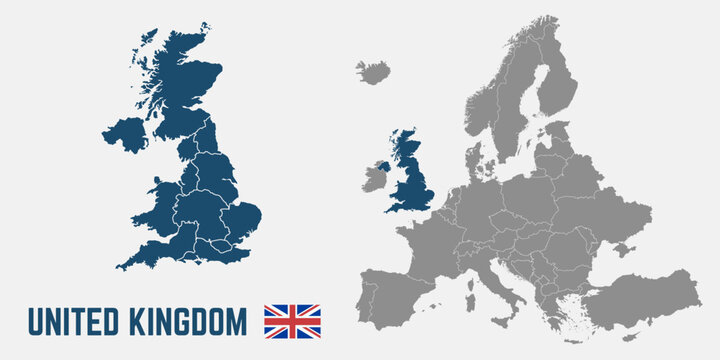 United Kingdom map. UK flag. Europe and UK maps with regions. Europe map isolated on white background. High detailed. Vector illustration	
