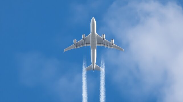 contrail. Commercial airliner ascending into blue sky, leaving white contrails in a powerful upward motion. mobility guides, transit brochures, designed for mobility and urban transit guides.